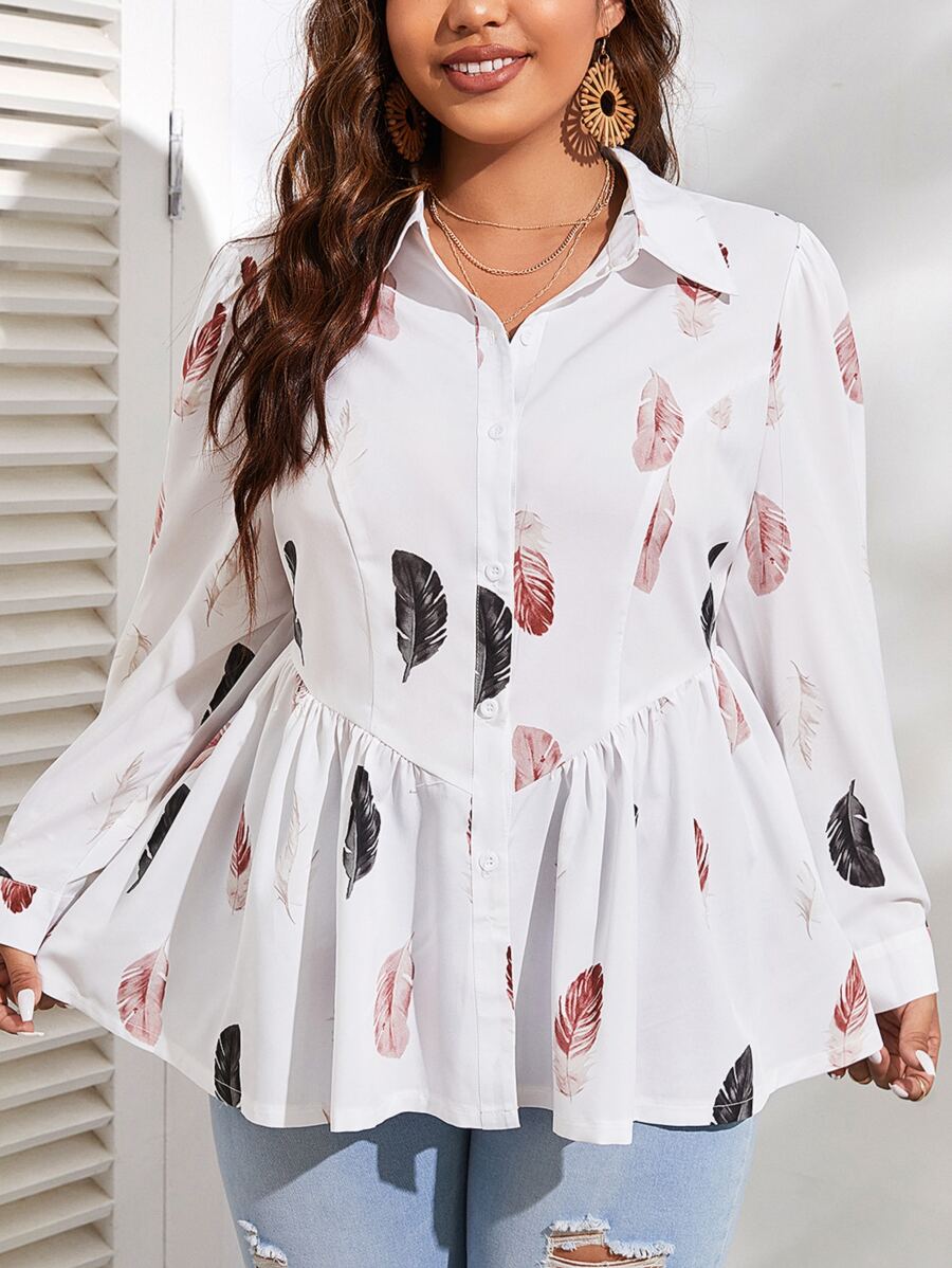 SHEIN Privé Plus Feather Print Peplum Shirt - White - View 1