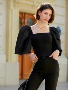 Modern Filipiniana Women's Casual Solid Color Puff Sleeve Square Neck Blouse, Summer Outfits For Women Crop Tops Business Casual Black - Black - View 3