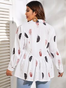 SHEIN Privé Plus Feather Print Peplum Shirt - White - View 2