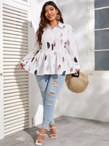 SHEIN Privé Plus Feather Print Peplum Shirt - White - View 3