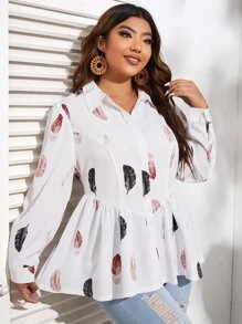 SHEIN Privé Plus Feather Print Peplum Shirt - White - View 4