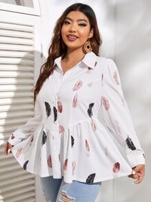 SHEIN Privé Plus Feather Print Peplum Shirt - White - View 5
