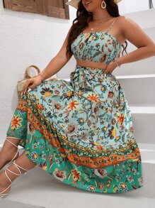 SHEIN VCAY 大碼印花吊帶上衣和半身裙 - 彩色 - 查看 1