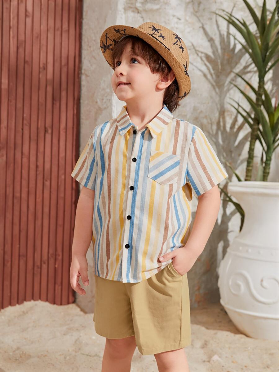 SHEIN 小男童條紋印花襯衫和短褲 - 彩色 - 查看 1