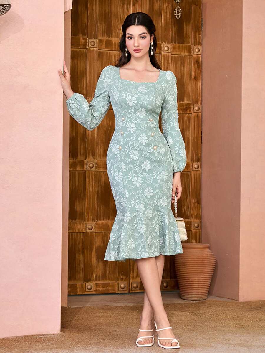 Modelyn 滿版印花方領魚尾裙下擺洋裝 - 薄荷綠 - 查看 1