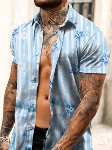 Manfinity 男士花卉圖案和條紋襯衫