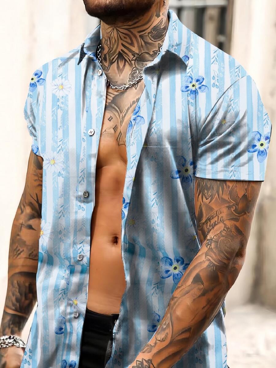 Manfinity 男士花卉圖案和條紋襯衫