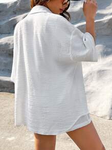 SHEIN EZwear 西部風格牛仔女孩素色落肩袖襯衫和短褲不附吊帶上衣 - 白色 - 查看 2