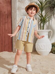 SHEIN 小男童條紋印花襯衫和短褲 - 彩色 - 查看 4