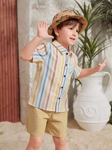 SHEIN 小男童條紋印花襯衫和短褲 - 彩色 - 查看 5