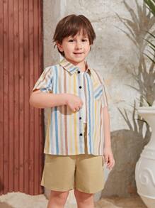 SHEIN 小男童條紋印花襯衫和短褲 - 彩色 - 查看 6