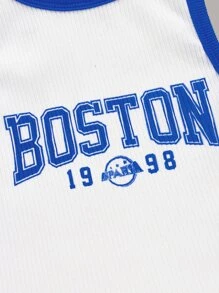 SHEIN EZwear Plus Letter Graphic Contrast Binding Crop Tank Top - White - View 3