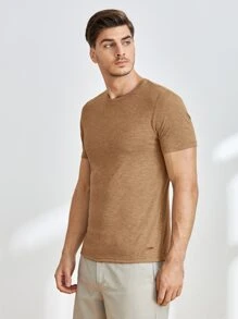 GENTILAND Men Solid Round Neck Tee - Camel - View 4