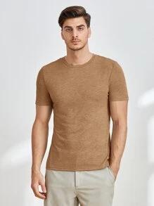 GENTILAND Men Solid Round Neck Tee - Camel - View 6