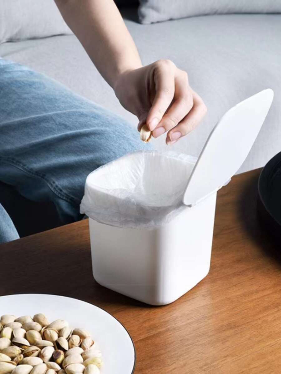 1pc Plain Desktop Trash Can With Cover, PP Small Waste Bin For Home, Office - White - View 1