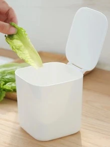 1pc Plain Desktop Trash Can With Cover, PP Small Waste Bin For Home, Office - White - View 2