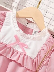 Chicas Vestido de cuello con fruncido de manga farol bajo con fruncido - Rosa - Ver 3