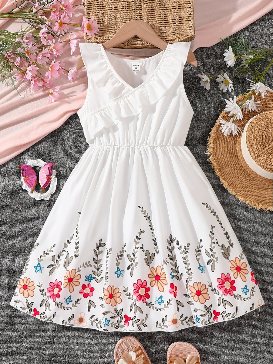 Chicas Vestido con estampado floral ribete con fruncido - Blanco - Ver 1
