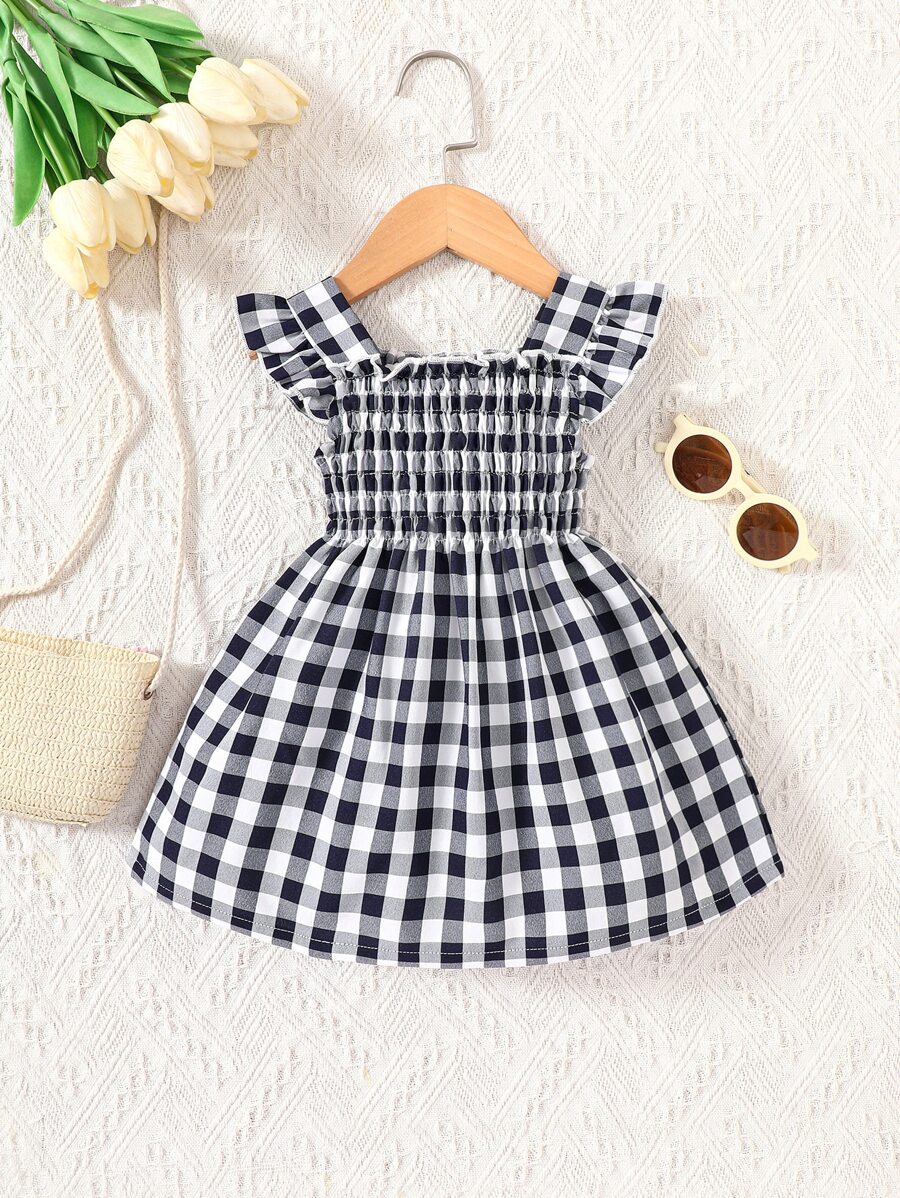 Bebé Vestido con estampado de guingán ribete con fruncido - Blanco y Negro - Ver 1