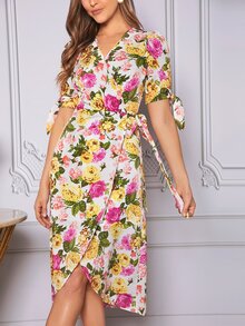 SHEIN Clasi Vestido bajo cruzado con estampado floral amarre en manga - Multicolor - Ver 4