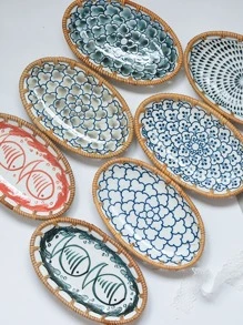 1pc Oval Tray, Chinese Style Rattan Food Storage Basket For Home, Outdoor Picnic - Multicolor - View 1