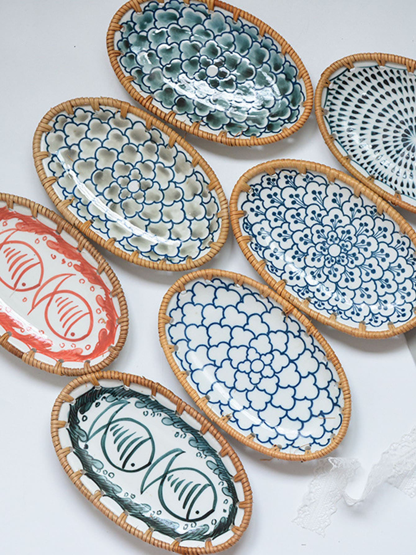 1pc Oval Tray, Chinese Style Rattan Food Storage Basket For Home, Outdoor Picnic - Multicolor - View 1