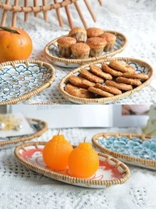 1pc Oval Tray, Chinese Style Rattan Food Storage Basket For Home, Outdoor Picnic - Multicolor - View 3