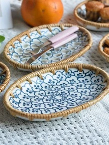 1pc Oval Tray, Chinese Style Rattan Food Storage Basket For Home, Outdoor Picnic - Multicolor - View 5