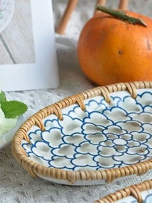 1pc Oval Tray, Chinese Style Rattan Food Storage Basket For Home, Outdoor Picnic - Multicolor - View 7