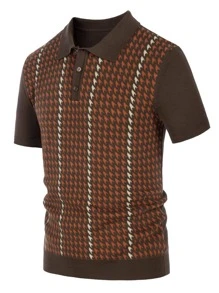 男士千鳥格圖案Polo領針織上衣 - 巧克力棕 - 查看 3