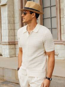 Men Solid Pointelle Knit Top - White - View 3