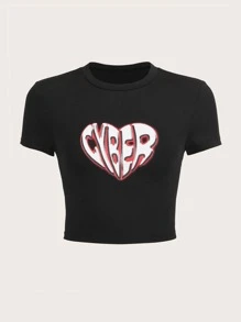 SHEIN ICON Áo thun nữ Tim Lá thư Giải trí - màu đen - Xem 1