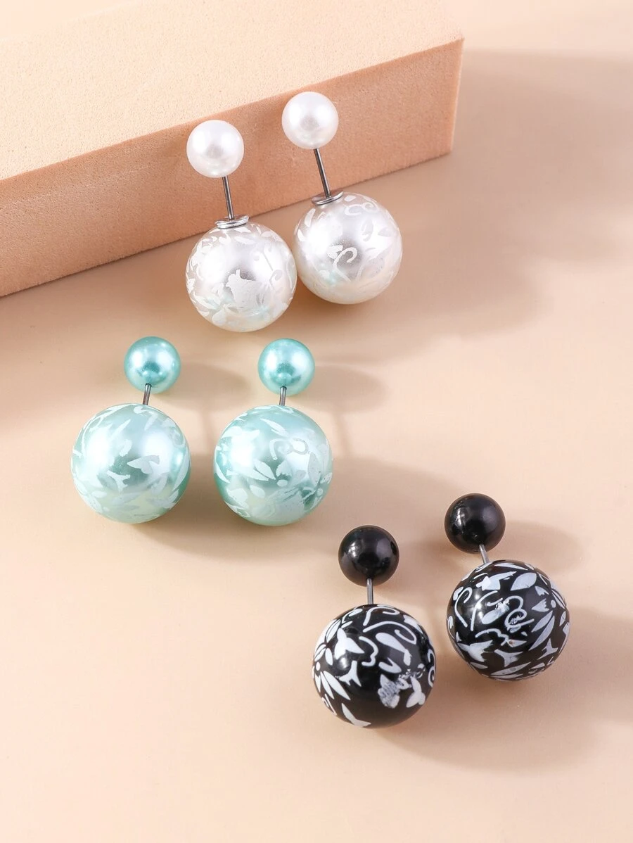 3對/組流行的假珍珠耳釘,適用於日常裝飾女性 - 彩色 - 查看 1