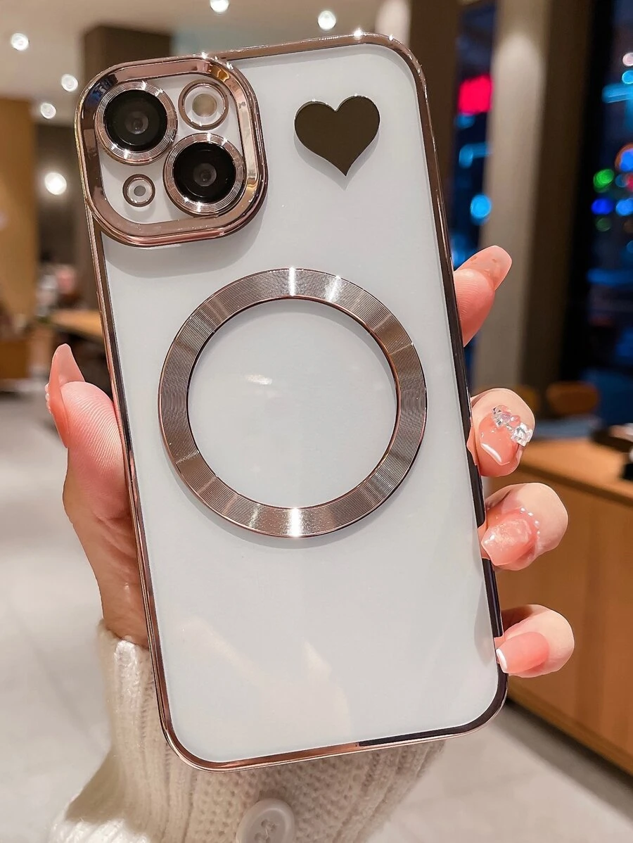 Ốp điện thoại trong suốt họa tiết trái tim mạ từ tính - Hồng - Xem 1