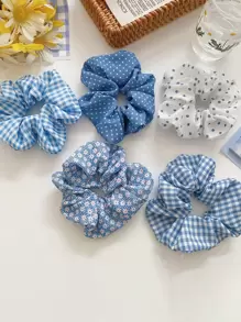 5pcs Women's Y2K Cute Vintage Floral Hair Scrunchies Set, Pink/White/Blue, Fashionable And Versatile Hair Accessories, Elegant And Minimalistic Style, Suitable For Daily Wear, Casual Parties, Commutes, Vacations, Hairstyling (Ponytail, Bun, Updo), Face Washing, Showering, Makeup, Perfect Match For Various Outfits. Scrunchy Hair Ties Makeup Home Gym Woman Accessories - Blue and White - View 1