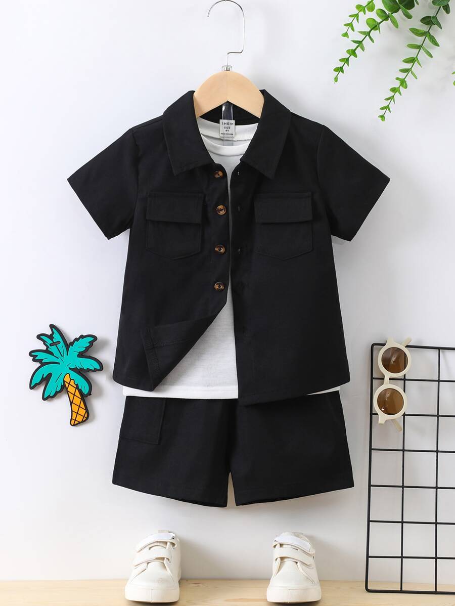 SHEIN Cậu bé trẻ tuổi Màu đen trơn Cổ bẻ thông thường & mát mẻ Tay áo thông thường 2 cái/bộ cho mùa hè - màu đen - Xem 1