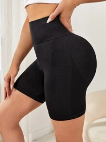 SHEIN Yoga Basic Wide Waistband Sports Shorts - Black - View 3