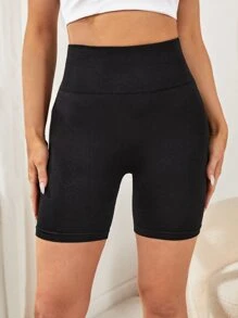 SHEIN Yoga Basic Wide Waistband Sports Shorts - Black - View 4