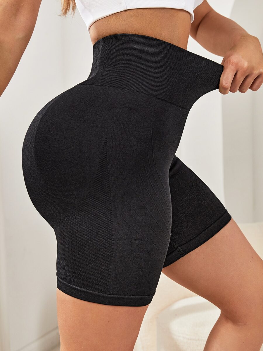 SHEIN Yoga Basic Wide Waistband Sports Shorts - Black - View 1