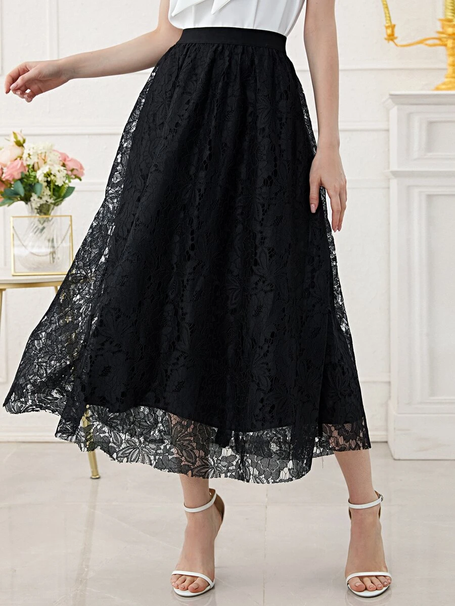 Modelyn Solid Lace Overlay A-line Skirt - Black - View 1