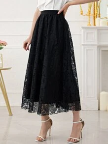 Modelyn Solid Lace Overlay A-line Skirt - Black - View 5