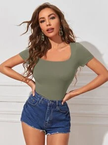 SHEIN Essnce 大圓領素色T恤 - 軍綠色 - 查看 1