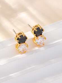 Cubic Zirconia Decor Stud Earrings - Yellow Gold - View 1