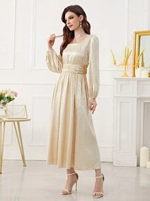Modelyn Jacquard Square Neck Lantern Sleeve Ruched Waist Satin Dress - Champagne - View 1