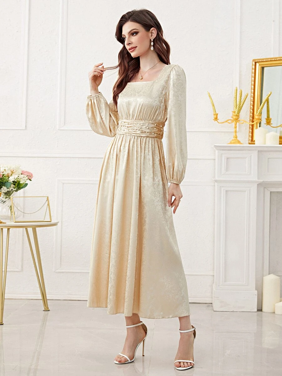 Modelyn Jacquard Square Neck Lantern Sleeve Ruched Waist Satin Dress - Champagne - View 1