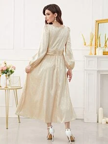 Modelyn Jacquard Square Neck Lantern Sleeve Ruched Waist Satin Dress - Champagne - View 2