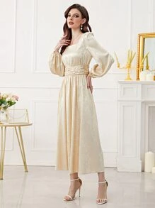 Modelyn Jacquard Square Neck Lantern Sleeve Ruched Waist Satin Dress - Champagne - View 4