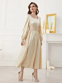 Modelyn Jacquard Square Neck Lantern Sleeve Ruched Waist Satin Dress - Champagne - View 6