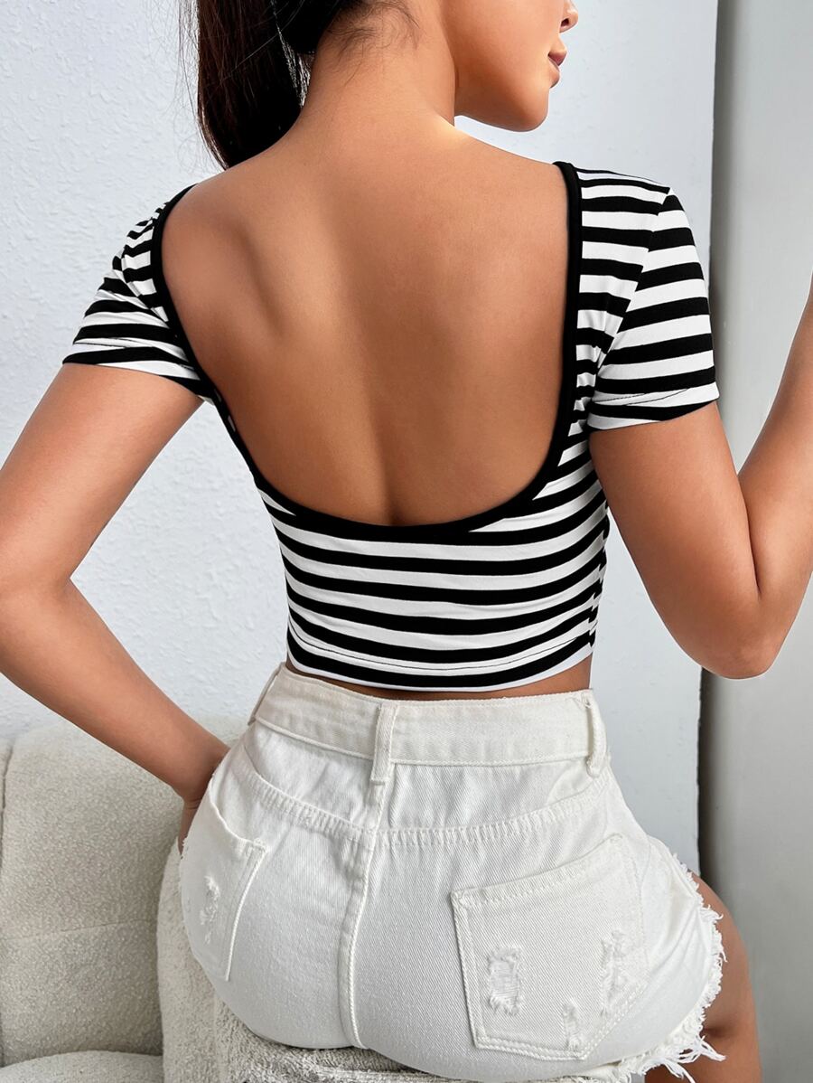 SHEIN EZwear Striped Print Backless Crop Tee - Black and White - View 1