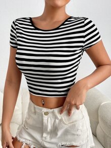 SHEIN EZwear Striped Print Backless Crop Tee - Black and White - View 8